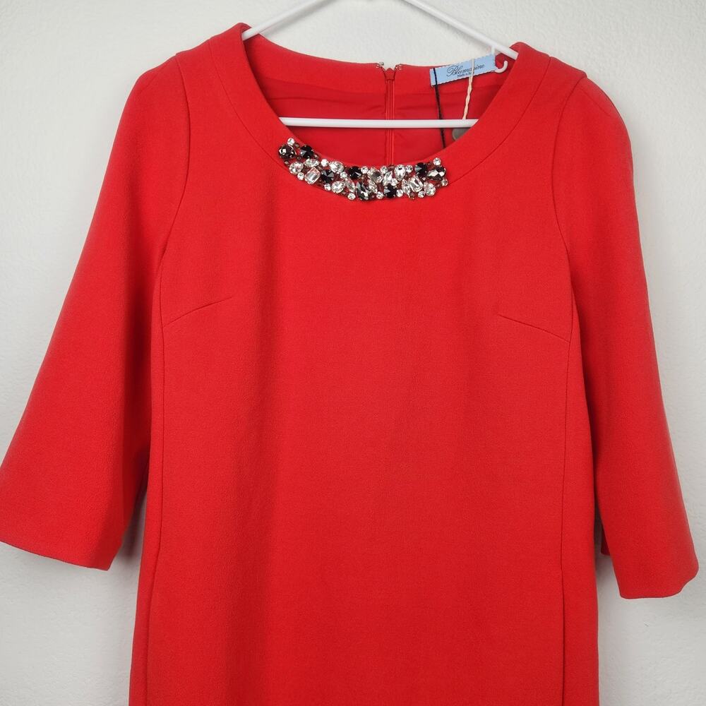 Blumarine Red Shift Dress Rhinestone Neckline 3/4 Sleeve Size 6 NWT Pockets - Picture 3 of 12